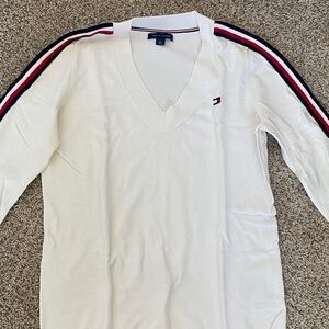 Tommy Hilfiger Womens Small V-Neck Sweater in White with Red and Blue Stripes